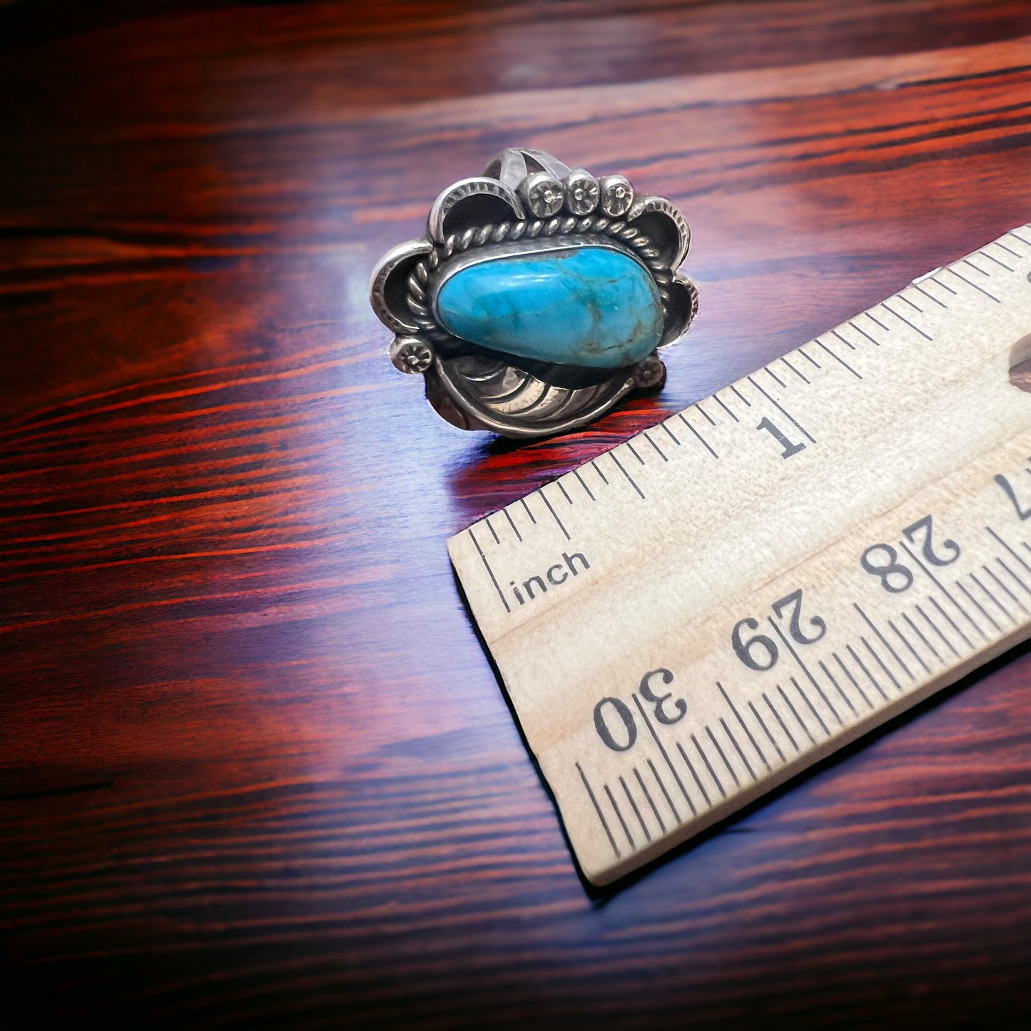 Turquoise Ring with Sterling Leaf- Size 7.5