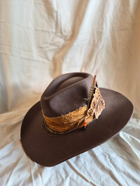 Golden Hour - Wool Tan Teardrop Pinch Cowboy Hat with Hand Burned Patch