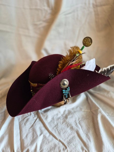 Burgundy Wool Tricorn Hat – Adjustable Ties