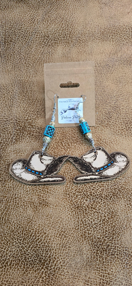 "Wild West Whisper" Leather Cowboy Hat Earrings – Turquoise & Silver Beaded Dangle