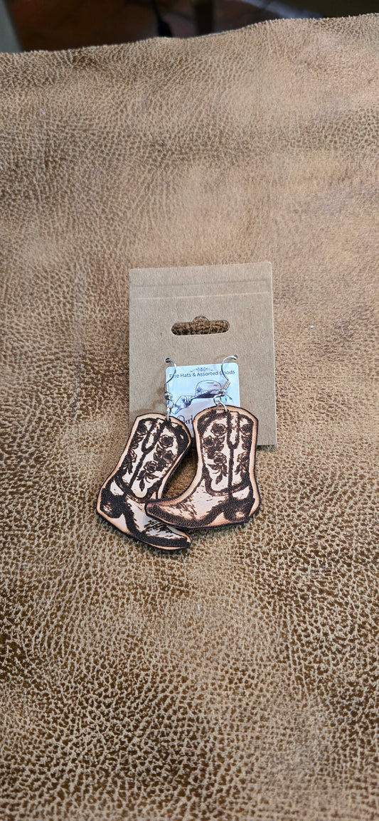 "Boot Scootin’ Beauties" Leather Cowgirl Boot Earrings – Floral Engraved Western Charm