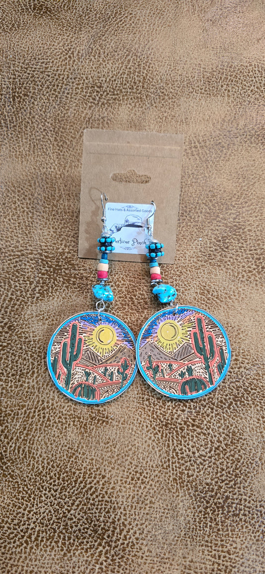 "Desert Daydreams" Cactus Sunset Earrings – Handpainted Leather & Beaded Dangles