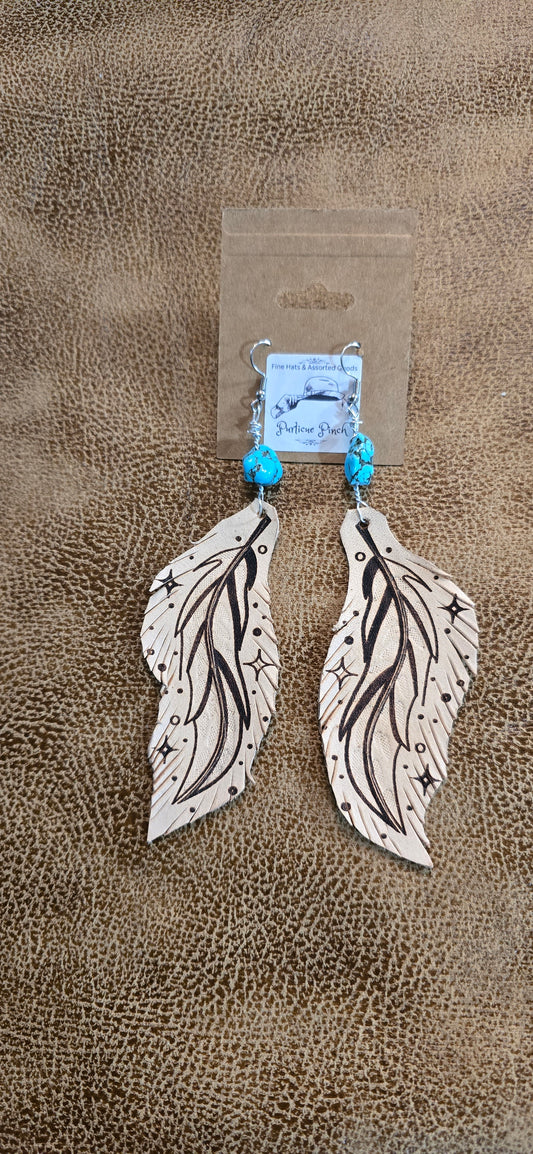 "Celestial Plume" Leather Feather Earrings – Cosmic Western Style with Turquoise Beads