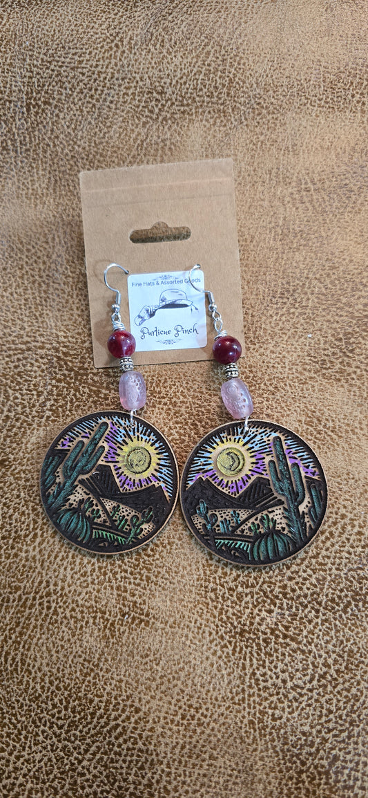 "Desert Dusk" Painted Leather Earrings – Cactus Landscape with Pink & Plum Beads