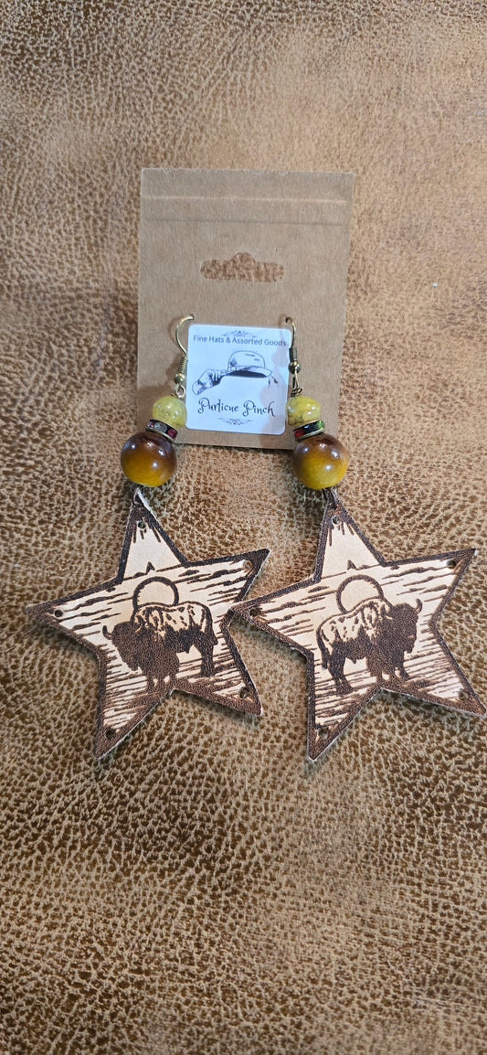 "Buffalo Rising" Leather Star Earrings – Western Bison Silhouette with Amber Beads