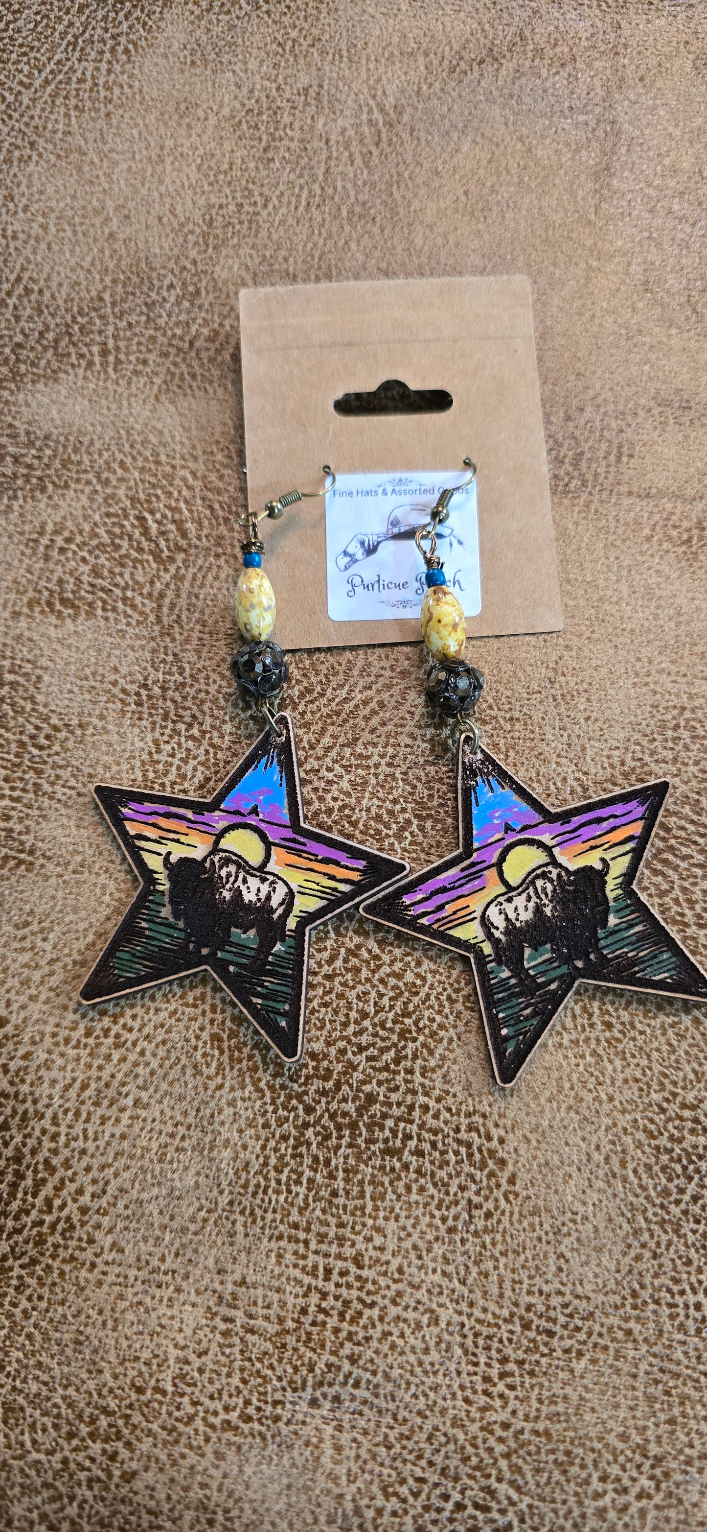 "Bison Afterglow" Painted Leather Star Earrings – Sunset Western Scene with Artisan Beads