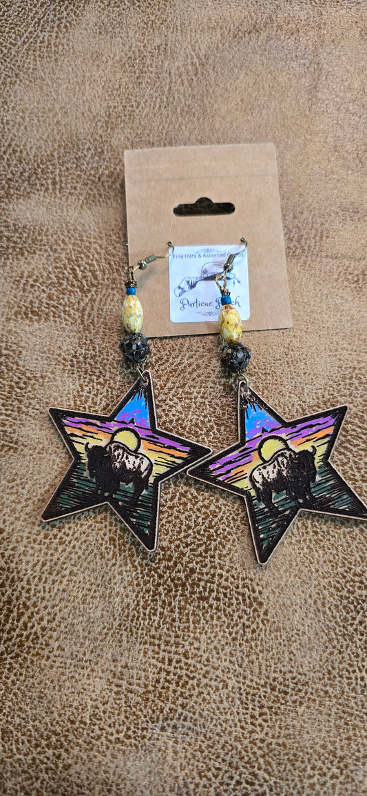 "Bison Afterglow" Painted Leather Star Earrings – Sunset Western Scene with Artisan Beads