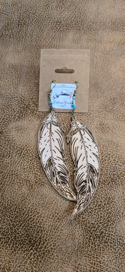 "Falling Feather" Leather Earrings – Hand-Burned Boho Dangles with Turquoise Accents