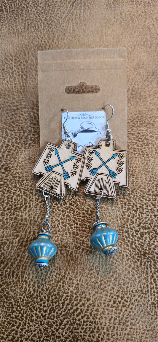 "Trailblazer Spirit" Crossed Arrows Earrings – Hand-Burned Leather with Turquoise Drop Beads