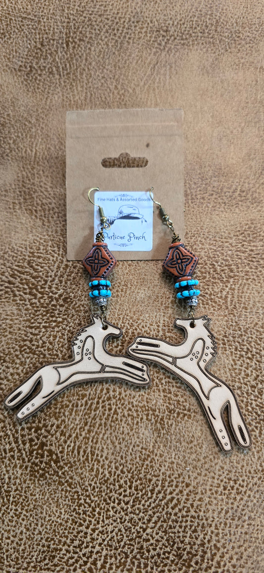 "Running Wild" Primitive Horse Earrings – Hand-Burned Leather with Beaded Tribal Accents