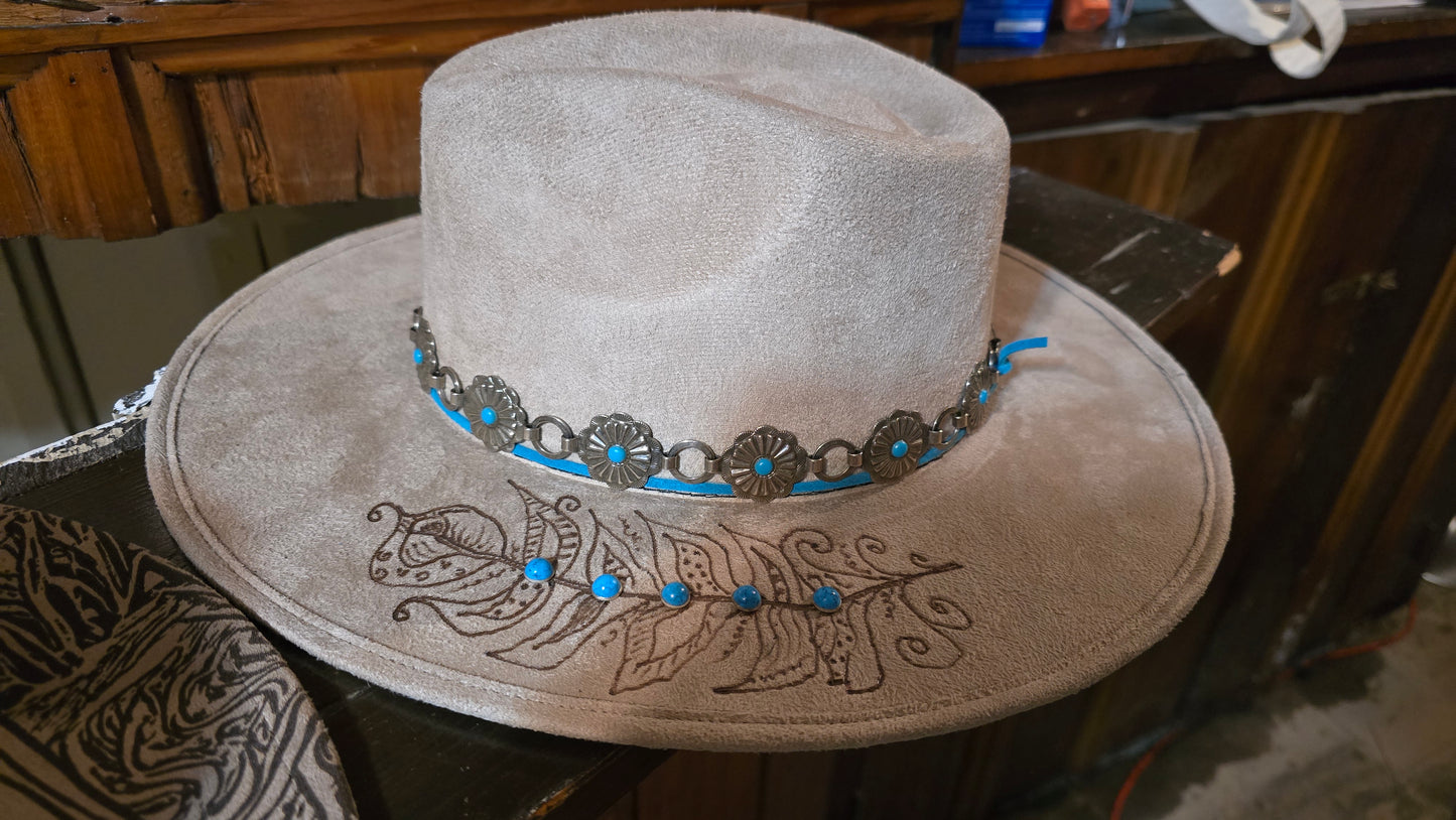Silver Spurs Faux Suede Rancher Hat with Concho Hatband and Hand-Burned Design on Brim