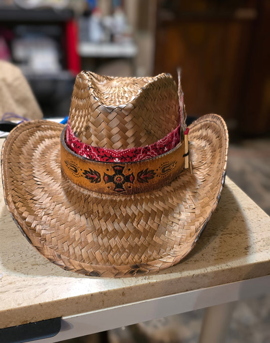 3 Strikes Straw Cowboy Hat with Vintage Leather Hatband and Playing Card Accessory