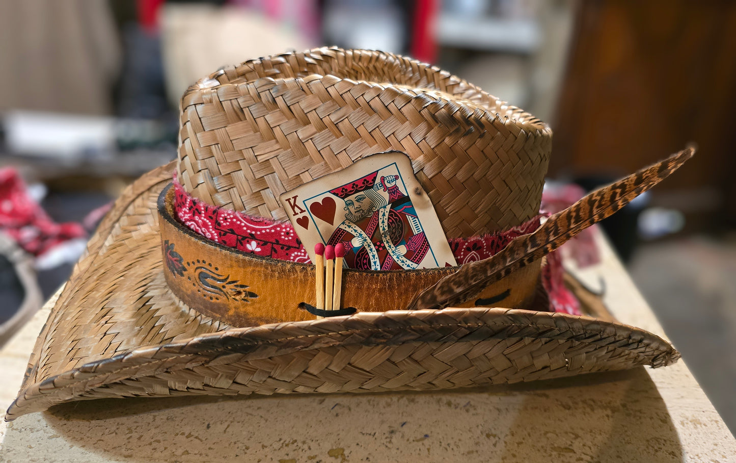 3 Strikes Straw Cowboy Hat with Vintage Leather Hatband and Playing Card Accessory