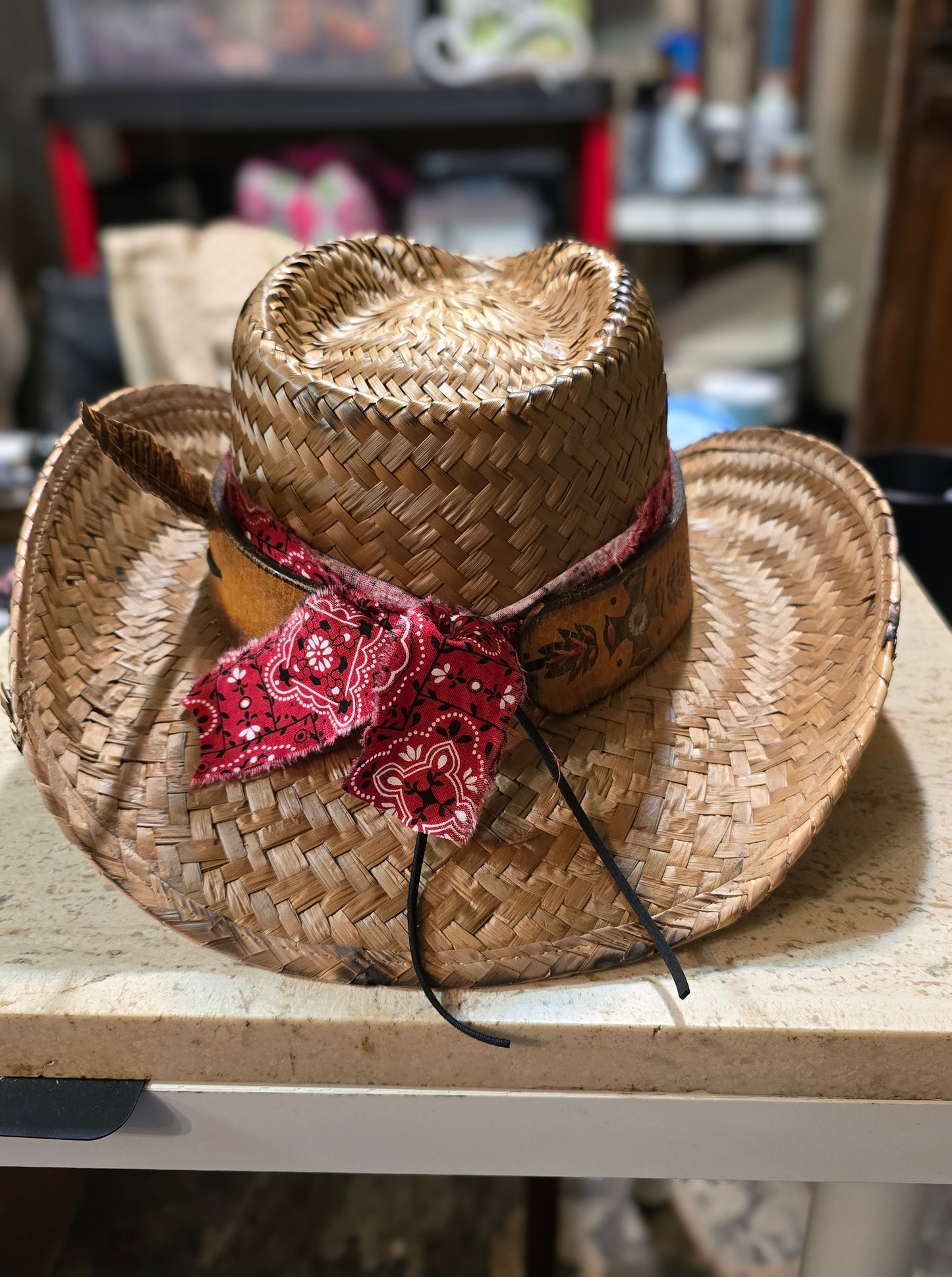 3 Strikes Straw Cowboy Hat with Vintage Leather Hatband and Playing Card Accessory