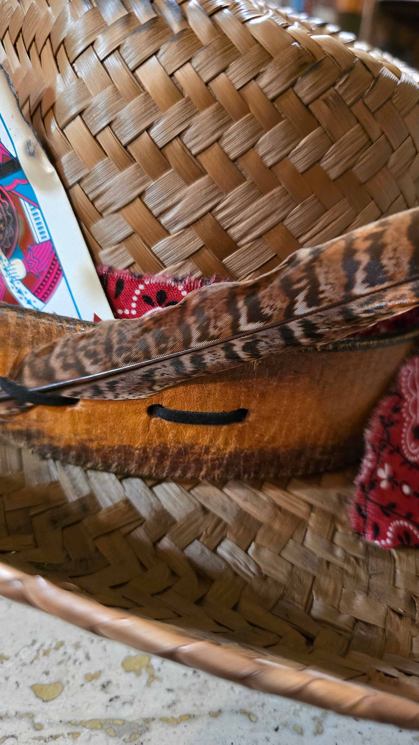 3 Strikes Straw Cowboy Hat with Vintage Leather Hatband and Playing Card Accessory