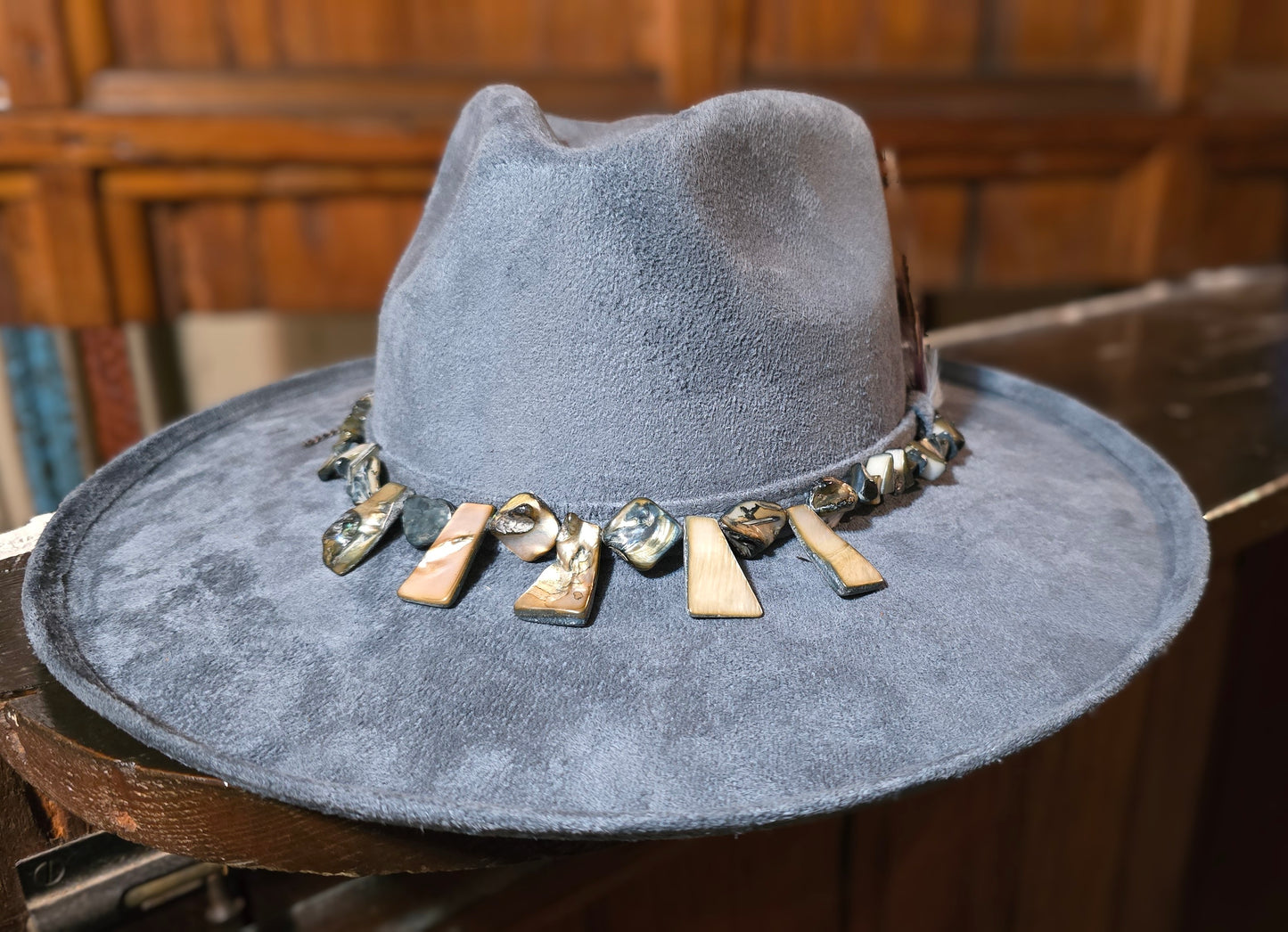 Denim Blue Faux Suede Pencil Brim Rancher Hat with Abalone Nugget Hatband