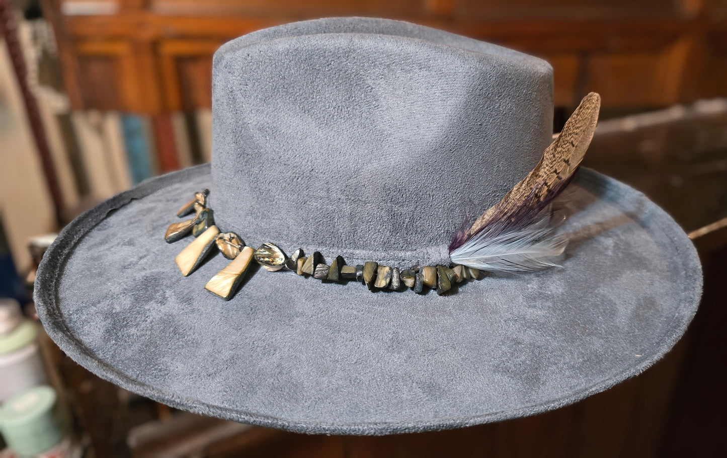 Denim Blue Faux Suede Pencil Brim Rancher Hat with Abalone Nugget Hatband