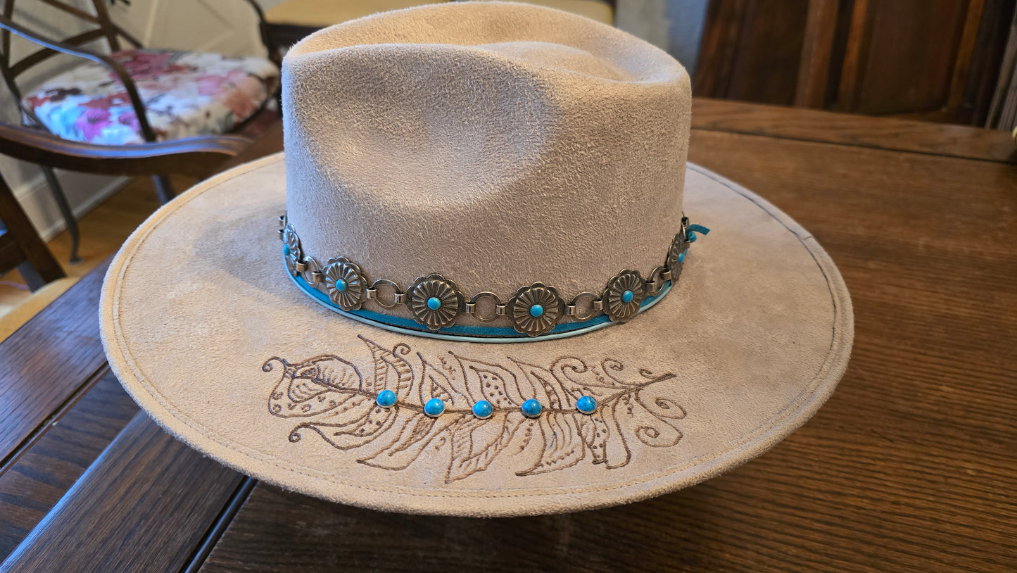 Silver Spurs Faux Suede Rancher Hat with Concho Hatband and Hand-Burned Design on Brim