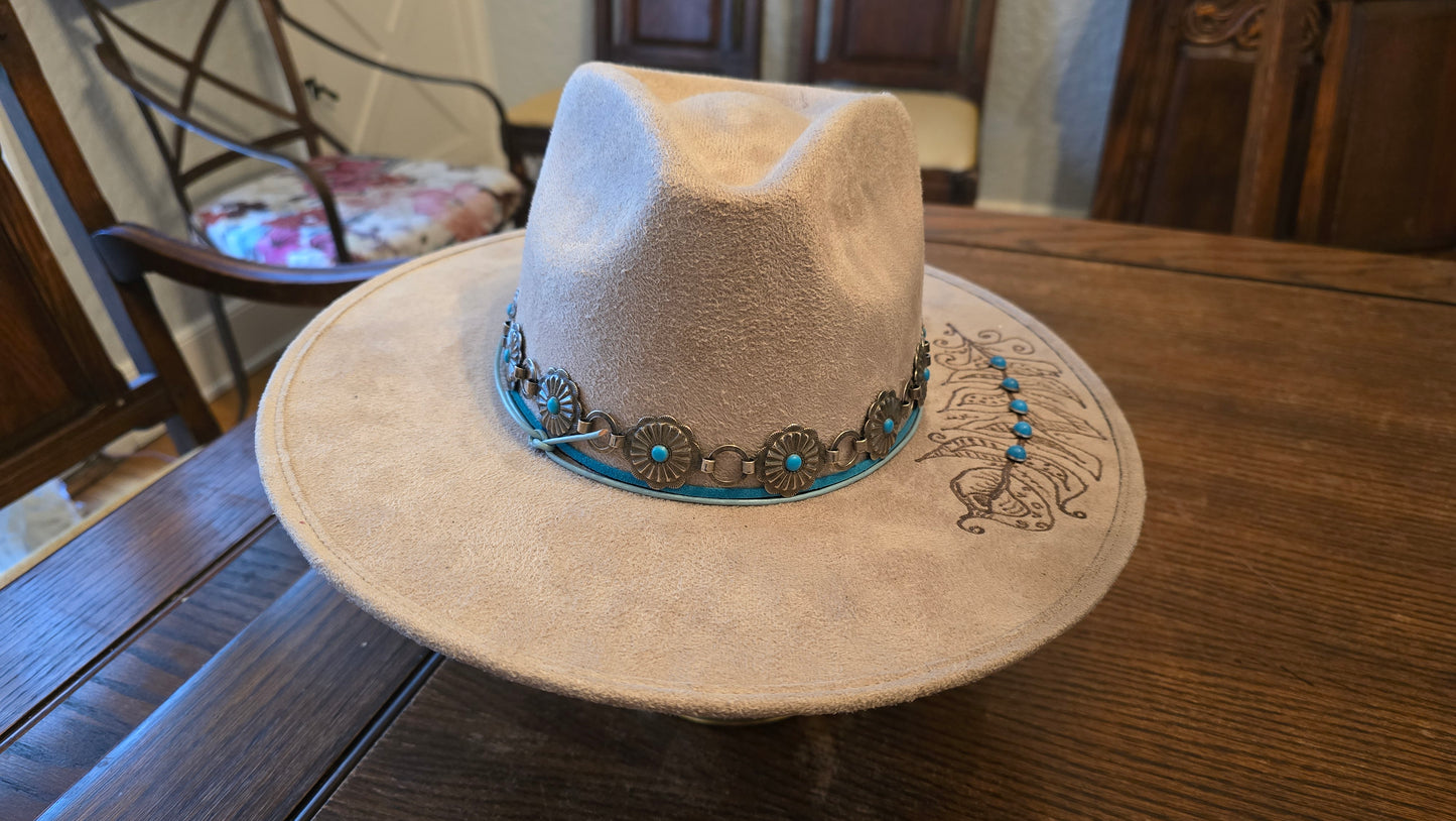 Silver Spurs Faux Suede Rancher Hat with Concho Hatband and Hand-Burned Design on Brim