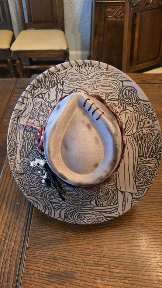 Peaceful Pastures Faux Suede Rancher Hat with Etched Design on Brim