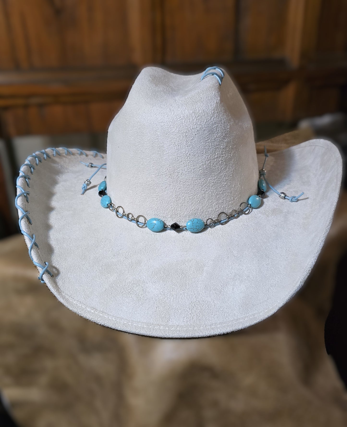 Dandy Cream Faux Suede Cowboy Hat – Hand-Burned Floral Design (Medium)