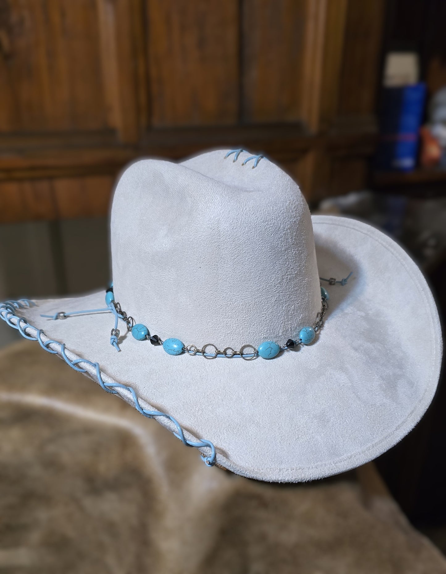 Dandy Cream Faux Suede Cowboy Hat – Hand-Burned Floral Design (Medium)