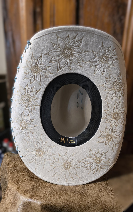Dandy Cream Faux Suede Cowboy Hat – Hand-Burned Floral Design (Medium)