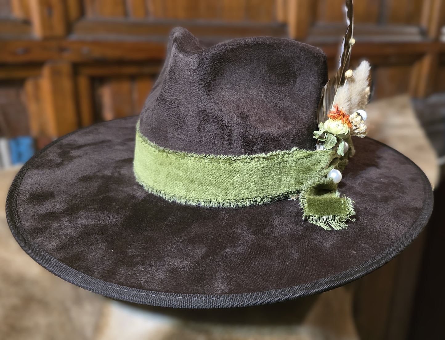 Leaves are Falling Brown Faux Suede Rancher Hat – Green Velvet Band & Feather Accent (Small)