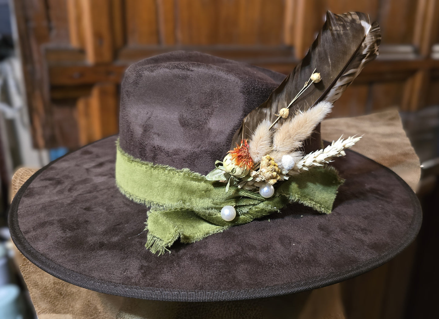 Leaves are Falling Brown Faux Suede Rancher Hat – Green Velvet Band & Feather Accent (Small)
