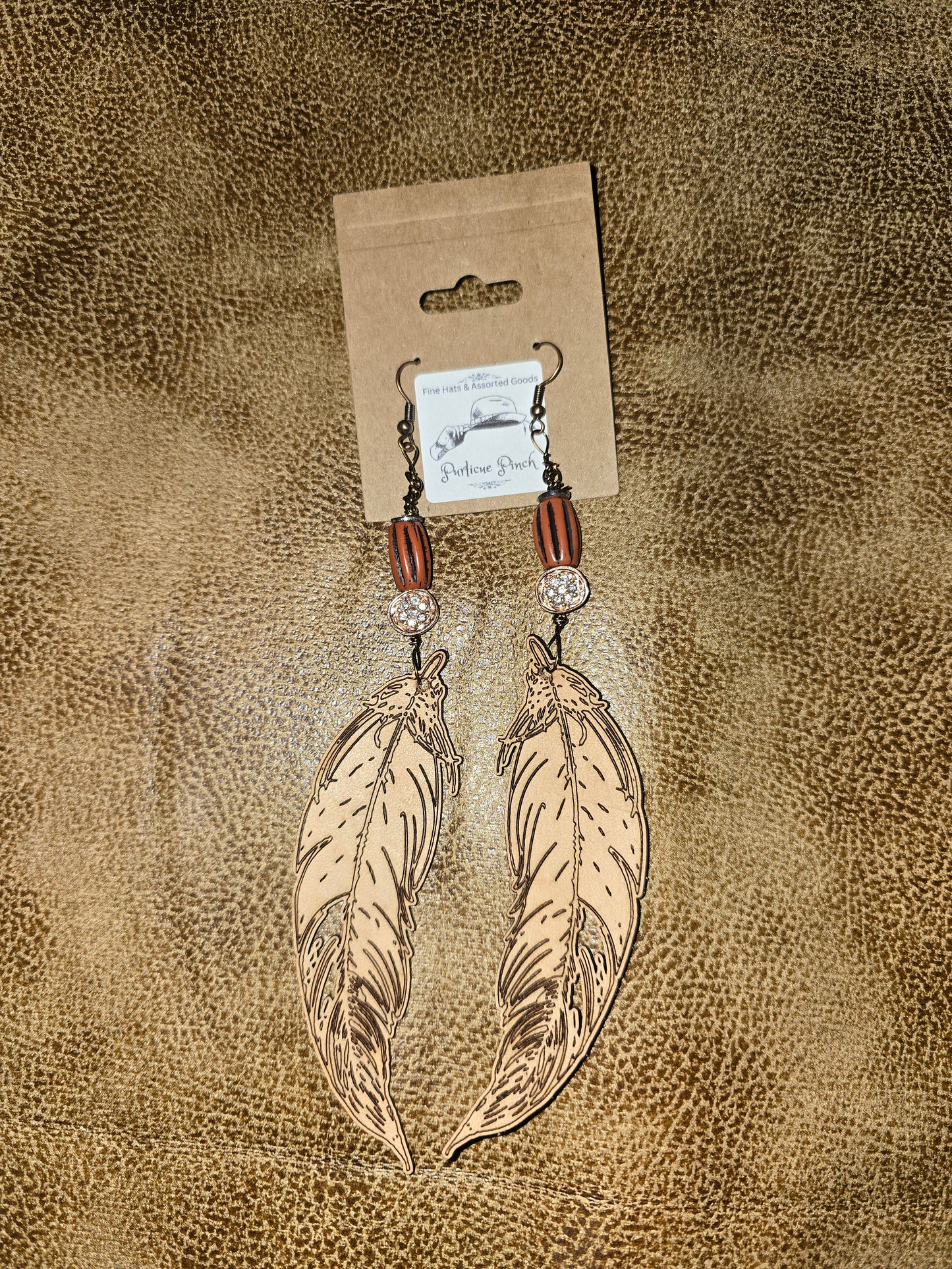 Burned Leather Feather Earrings with Vintage Beads