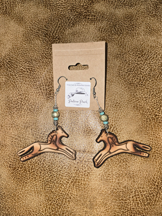 Burned Leather Running Horse Earrings with Turquoise-Style Beads