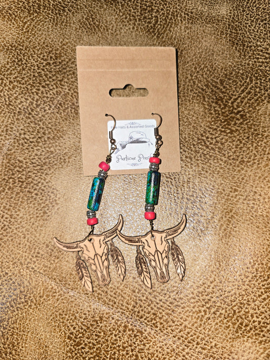 Burned Leather Bison Skull Earrings with Feather Details and Beads