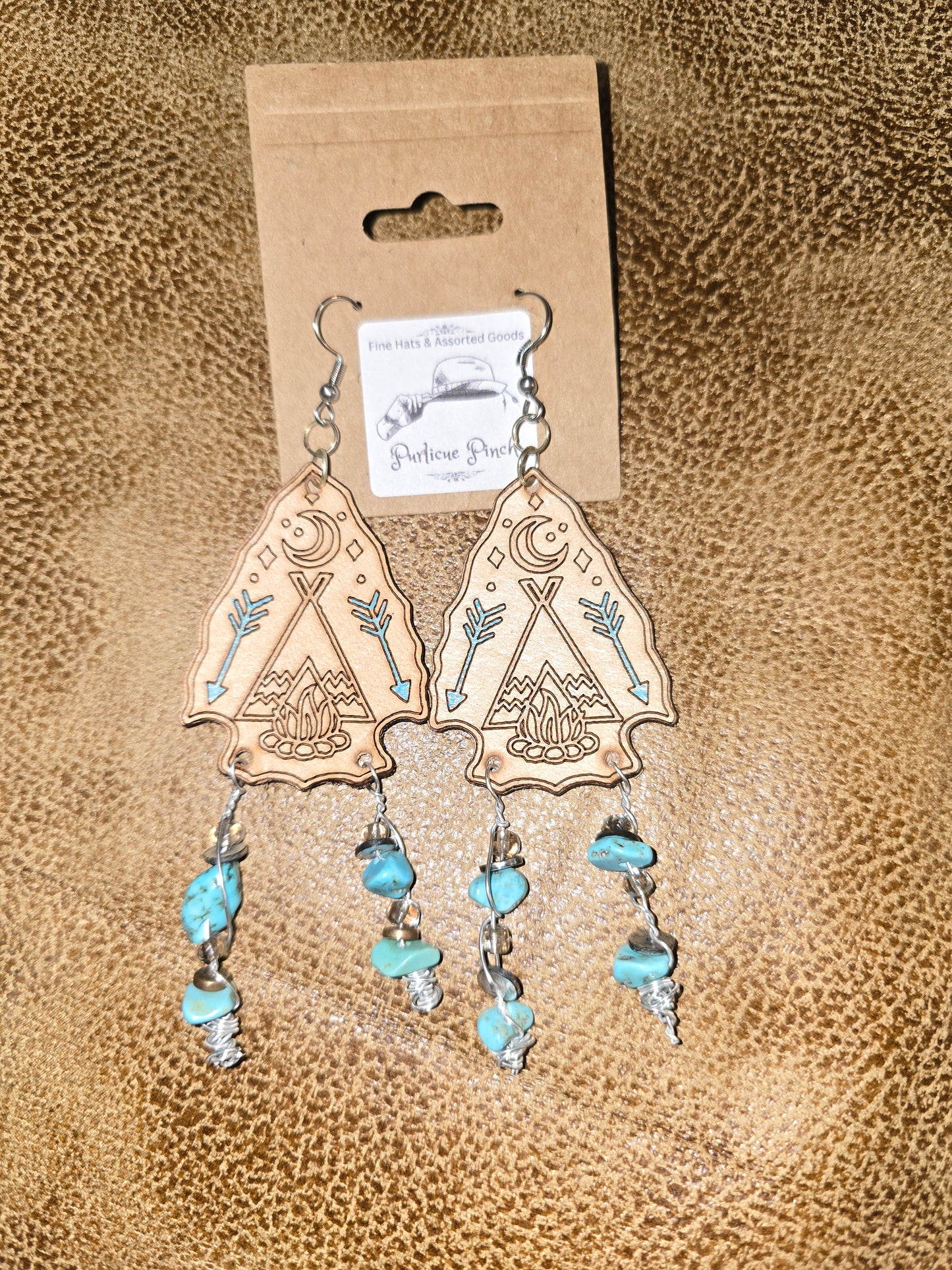 Burned Leather Arrowhead Earrings with Celestial Details and Beaded Dangles