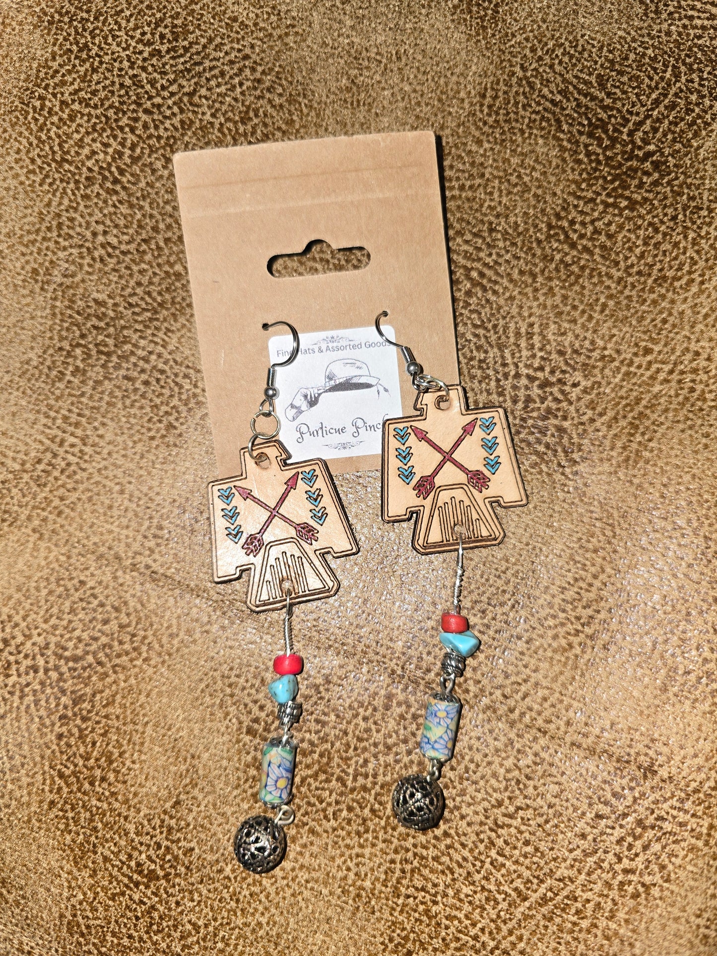 Burned Leather Symbolic Western Design Earrings with Arrow Motif and Beaded Dangles