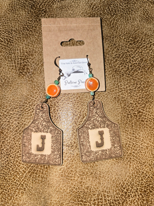 Burned Leather Cow Tag Earrings with Initial “J” and Beaded Accents