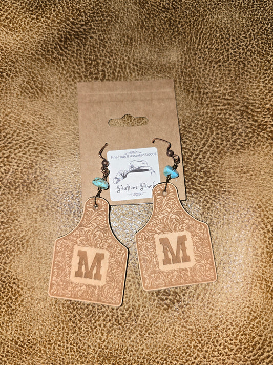 Burned Leather Cow Tag Earrings with Initial “M” and Turquoise Beads