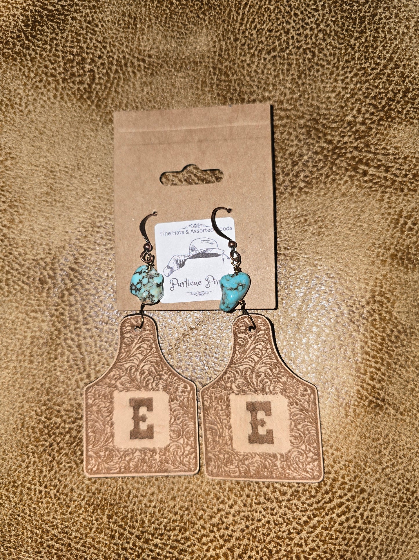 Burned Leather Cow Tag Earrings with Initial “E” and Turquoise Nugget Beads