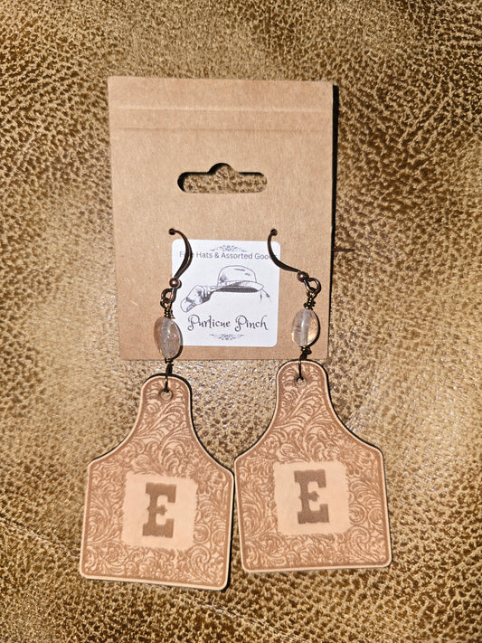 Burned Leather Cow Tag Earrings with Initial “E” and Red Copper Super 7 Pebble Beads