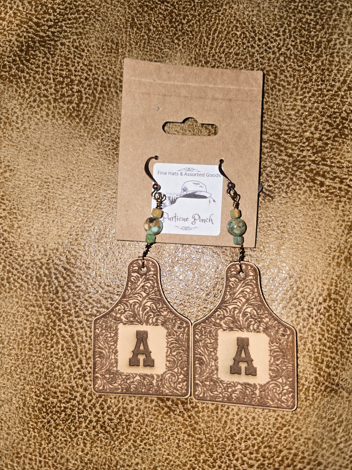 Burned Leather Cow Tag Earrings with Initial “A” and Mixed Turquoise Beads