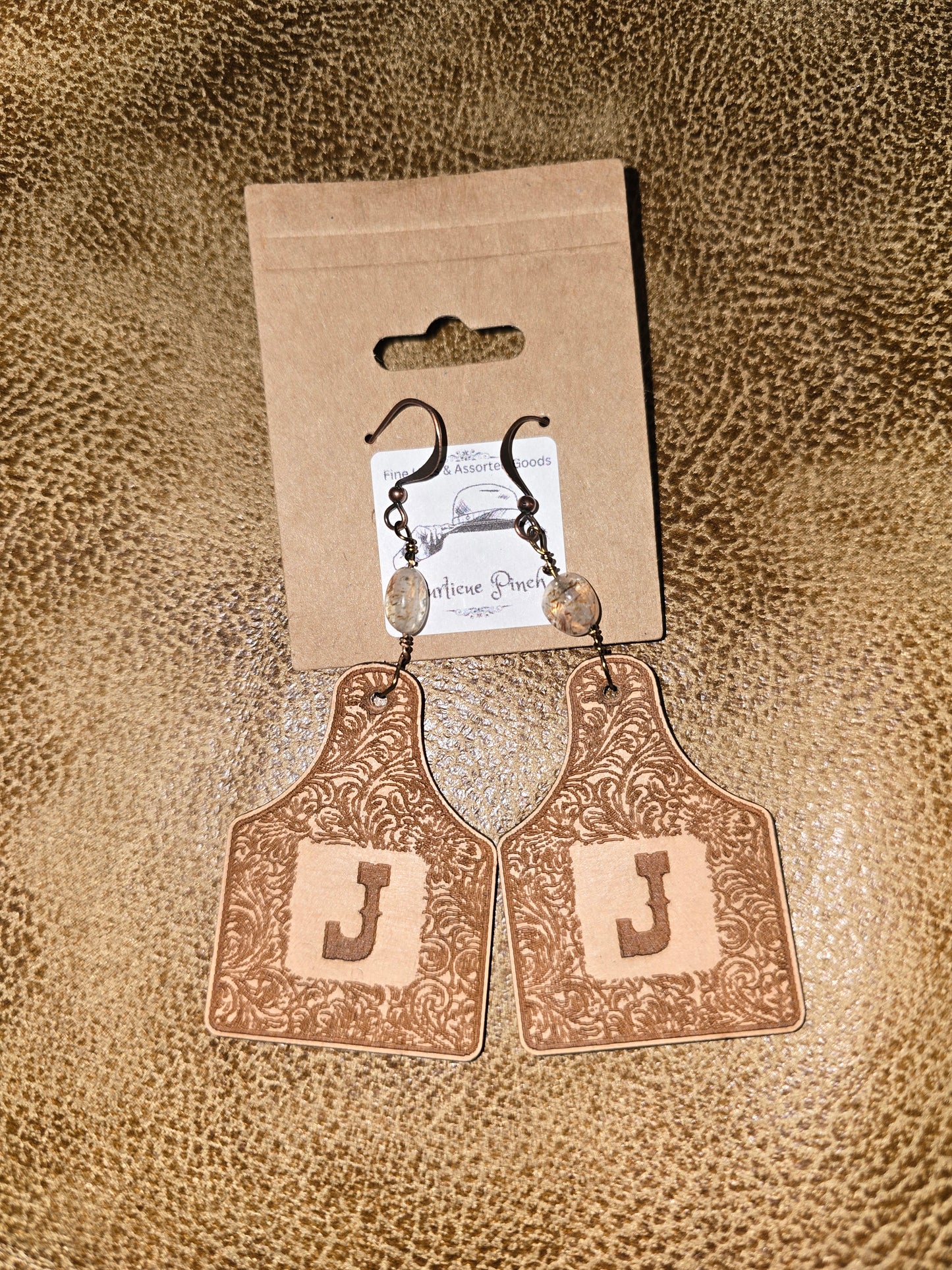Burned Leather Cow Tag Earrings with Initial “J” and Red Copper Super 7 Pebble Beads