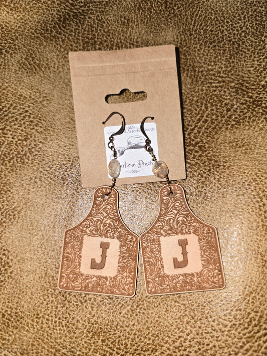 Burned Leather Cow Tag Earrings with Initial “J” and Red Copper Super 7 Pebble Beads