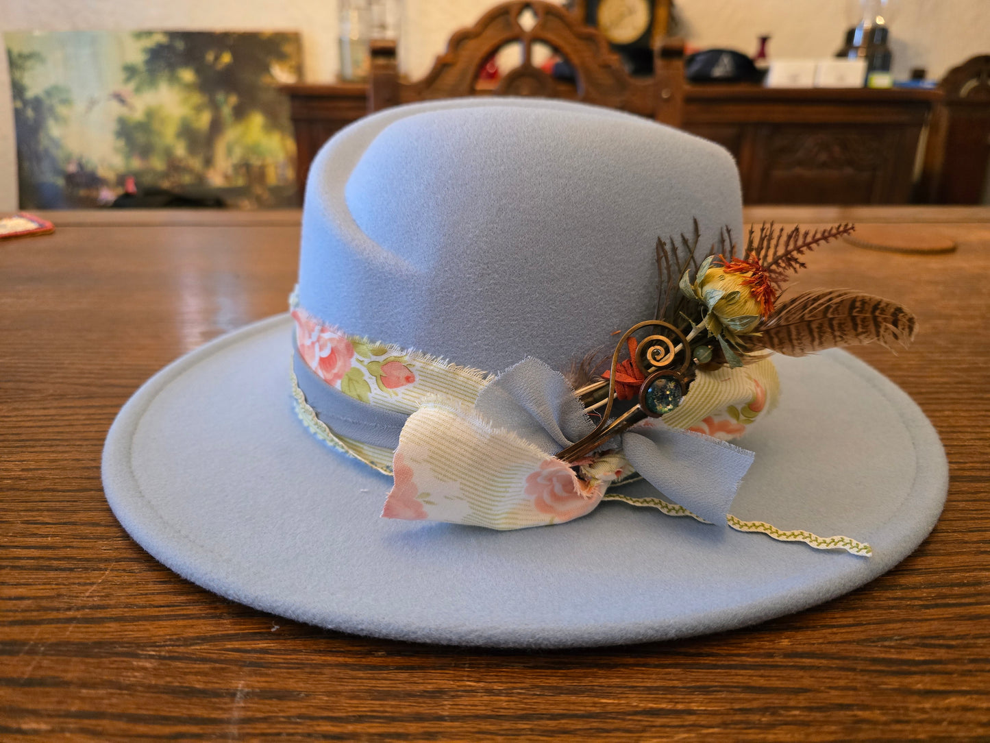 Sky Blue Felt Fedora with Folded Crown, Floral Band & Vintage Gem Brooch