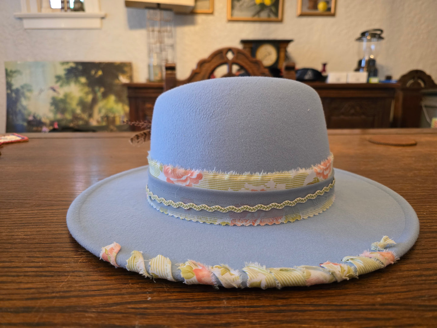 Sky Blue Felt Fedora with Folded Crown, Floral Band & Vintage Gem Brooch