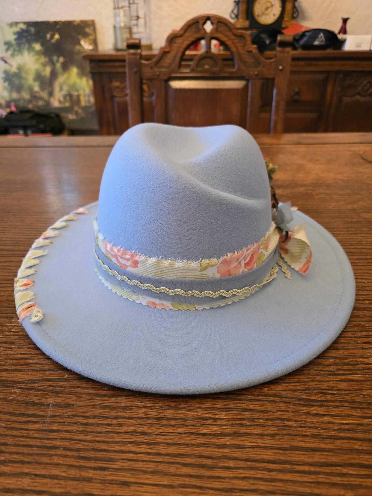 Sky Blue Felt Fedora with Folded Crown, Floral Band & Vintage Gem Brooch