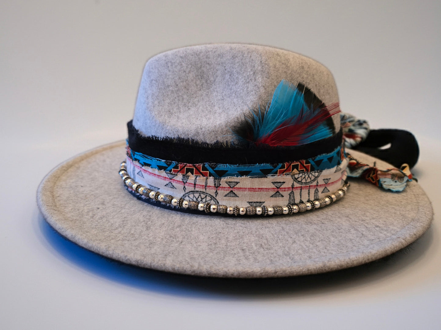 Heather Gray Western Boho Hat with Turquoise Studs & Silver-Toned Beads – M/L