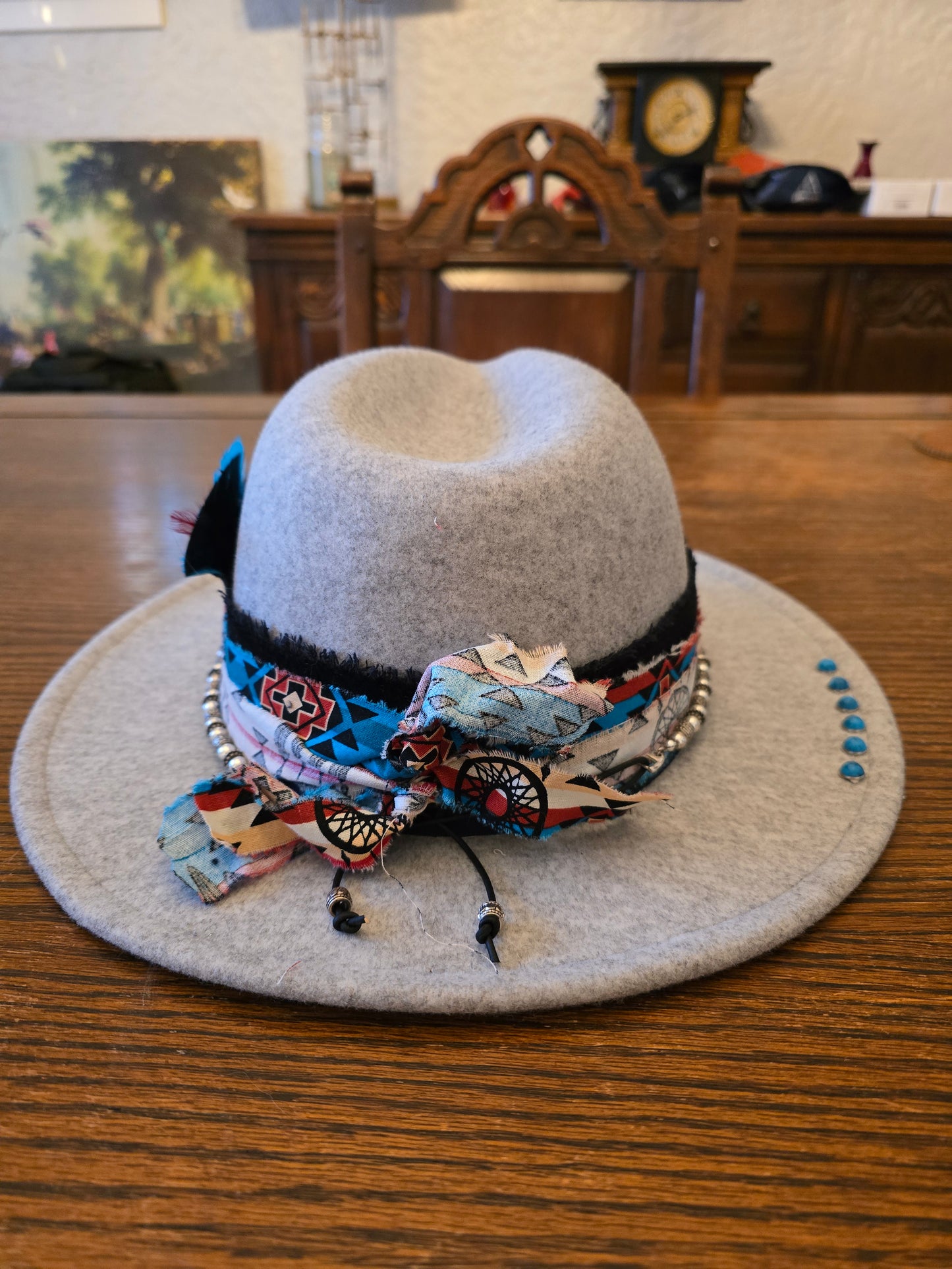 Heather Gray Western Boho Hat with Turquoise Studs & Silver-Toned Beads – M/L