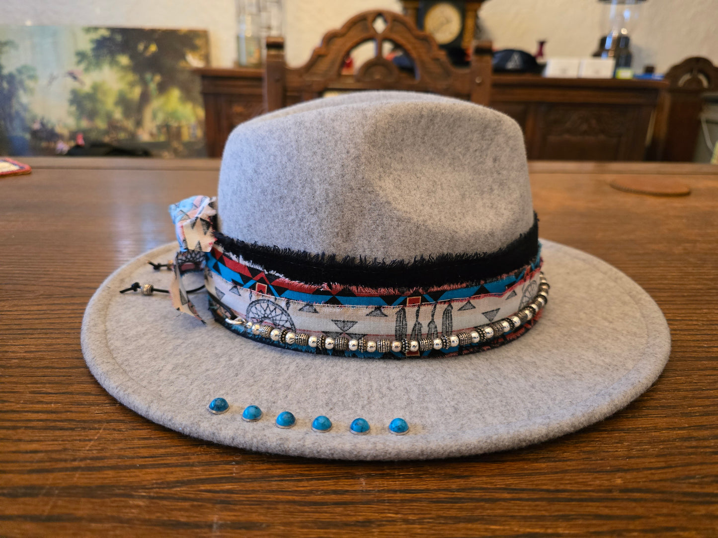 Heather Gray Western Boho Hat with Turquoise Studs & Silver-Toned Beads – M/L