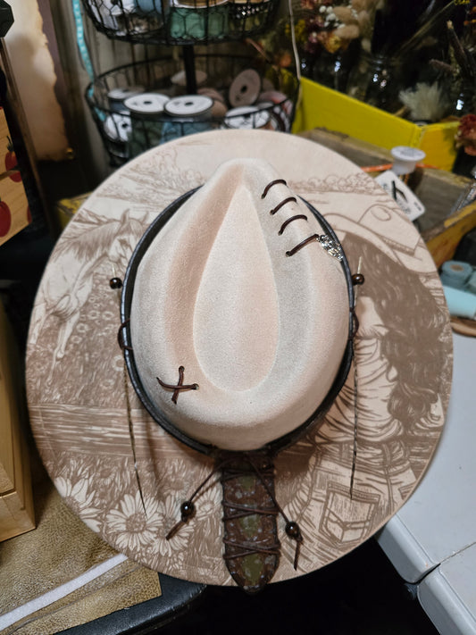Laser Engraved Faux Suede Wide Brim Hat - Woman & Horse Design