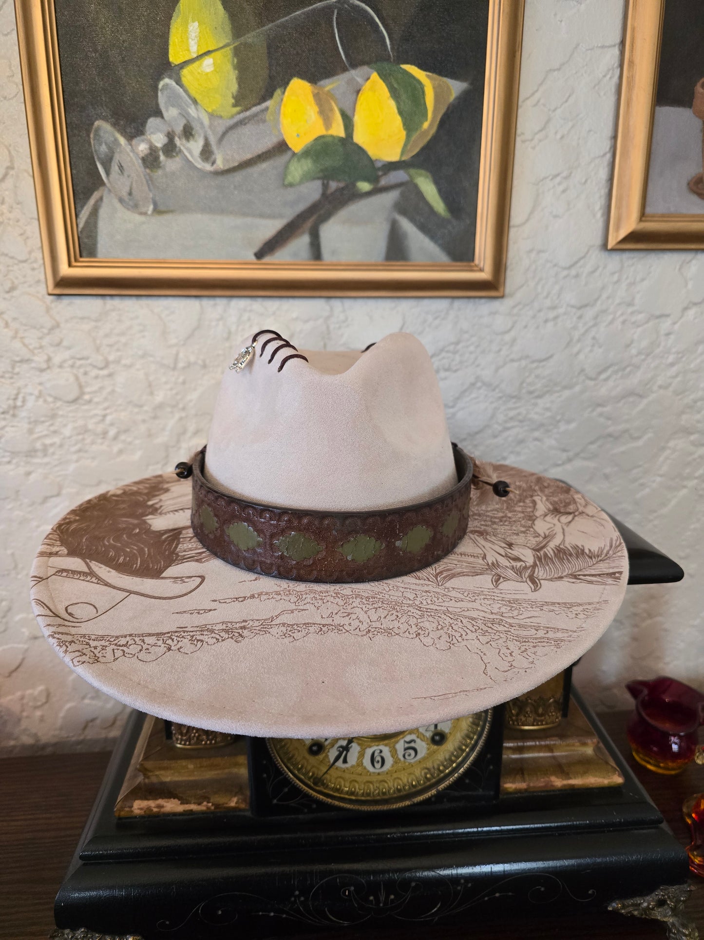 Laser Engraved Faux Suede Wide Brim Hat - Woman & Horse Design