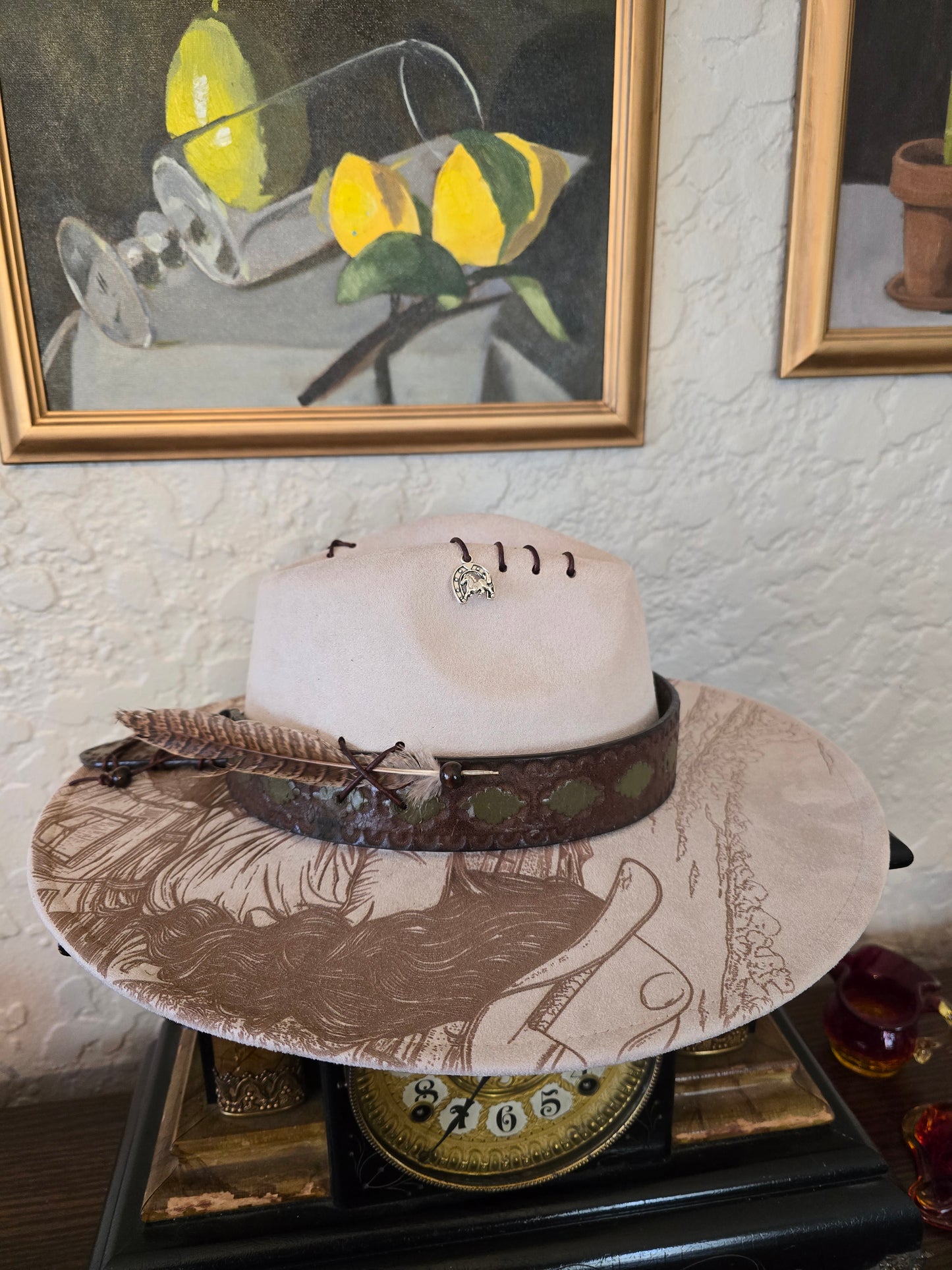 Laser Engraved Faux Suede Wide Brim Hat - Woman & Horse Design